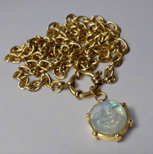 Man On The Moon Pendant Necklace Carved Moonstone