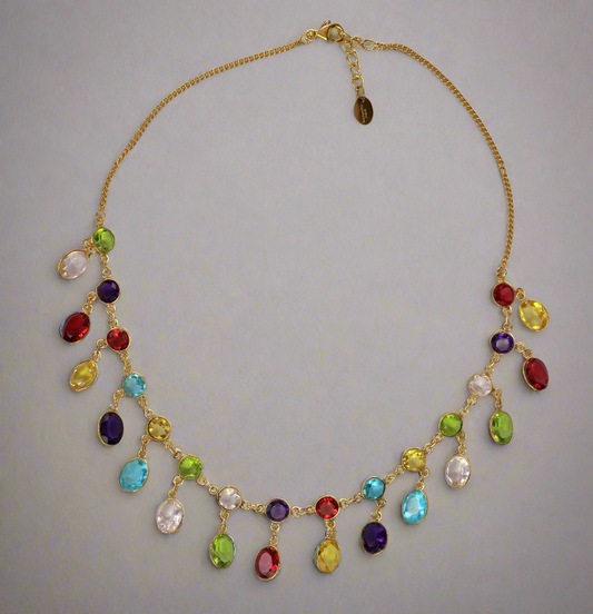 Harlequin Rainbow Multi Gemstone Fringe Necklace 18ct Gold & Silver