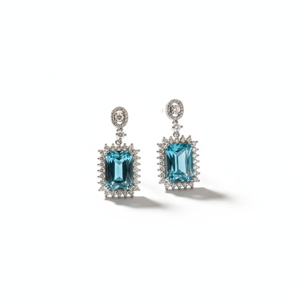 Blue Topaz Halo Drop Earrings - Enchanted Fables