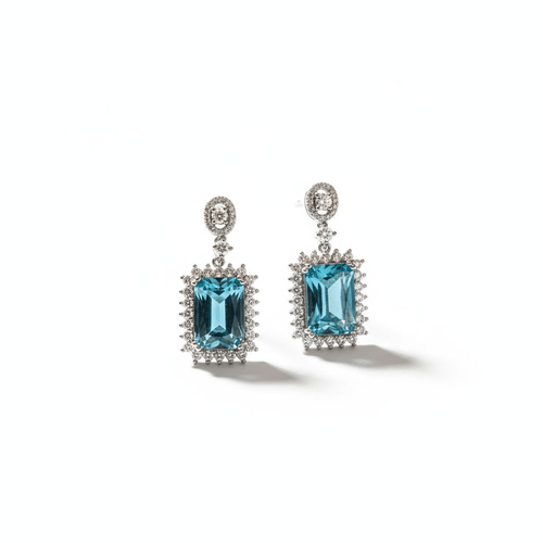 Blue Topaz Halo Drop Earrings - Enchanted Fables