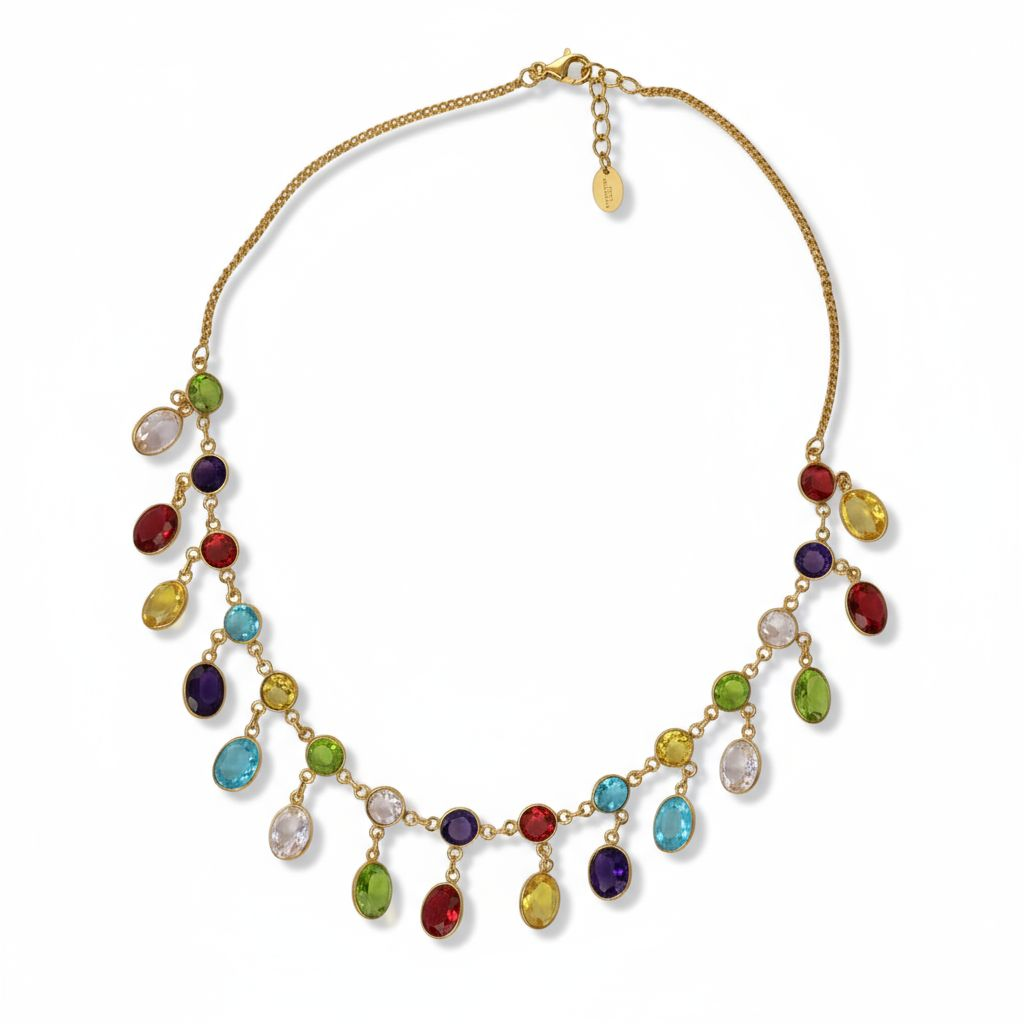 Rainbow Multi Crystal Fringe Necklace 18ct Gold Vermeil Sterling Silver