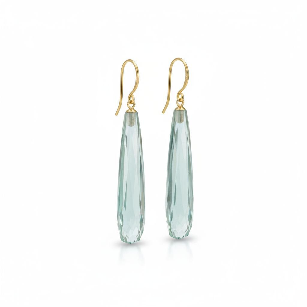 9ct Yellow Gold Long Aqua Crystal Torpedo Drop Earrings