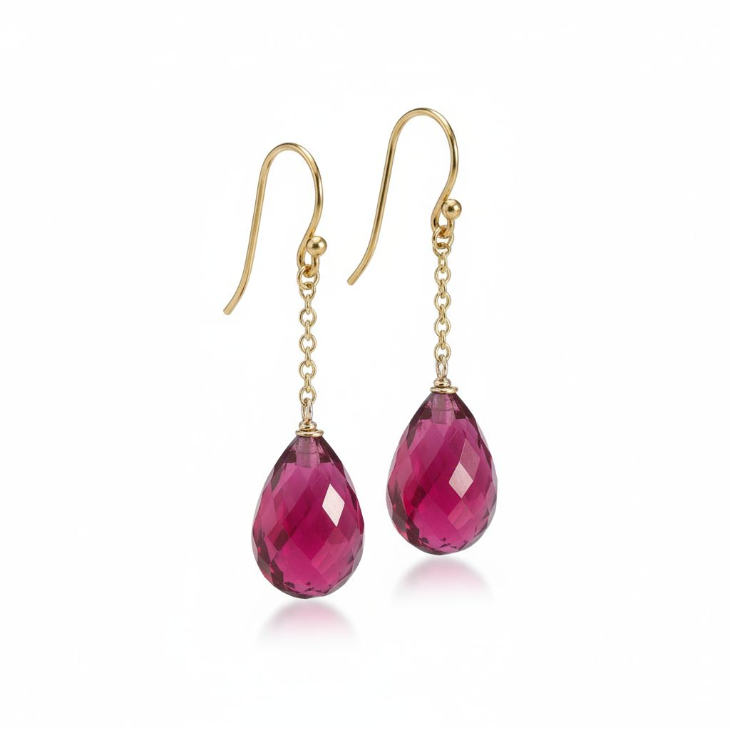 9ct Yellow Gold Cranberry Crystal Long Drop Earrings