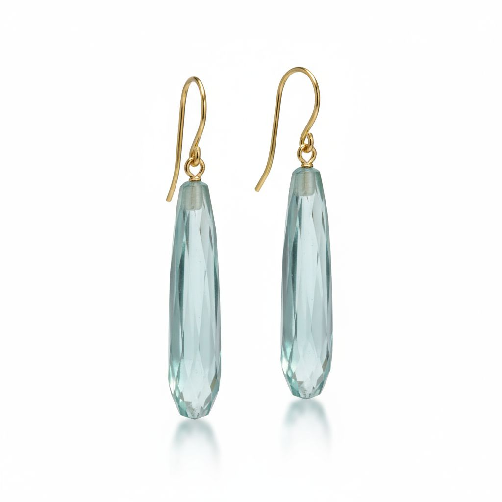 9ct Yellow Gold Long Aqua Crystal Torpedo Drop Earrings