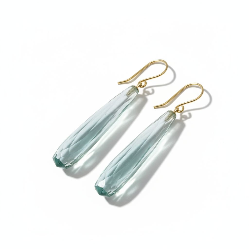 9ct Yellow Gold Long Aqua Crystal Torpedo Drop Earrings