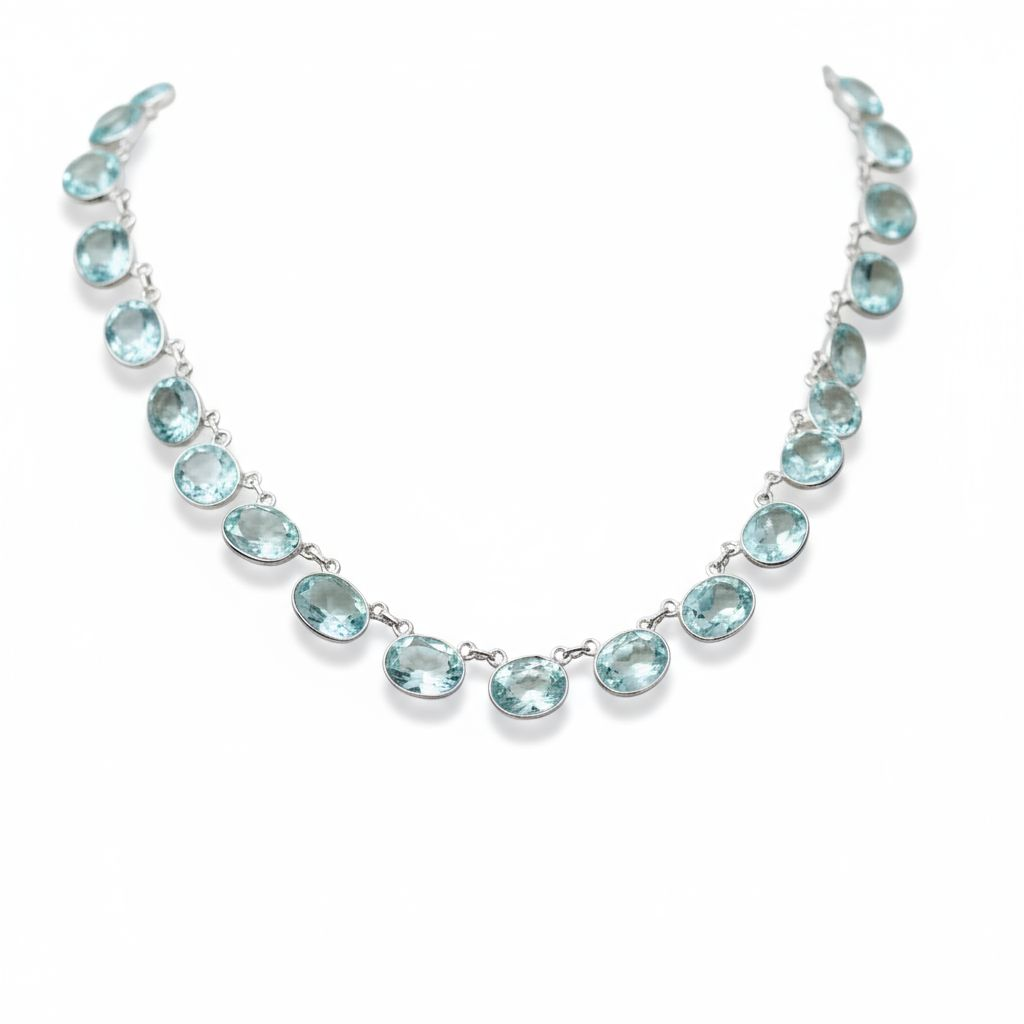 Sterling Silver Aqua Blue Crystal Rivière Necklace