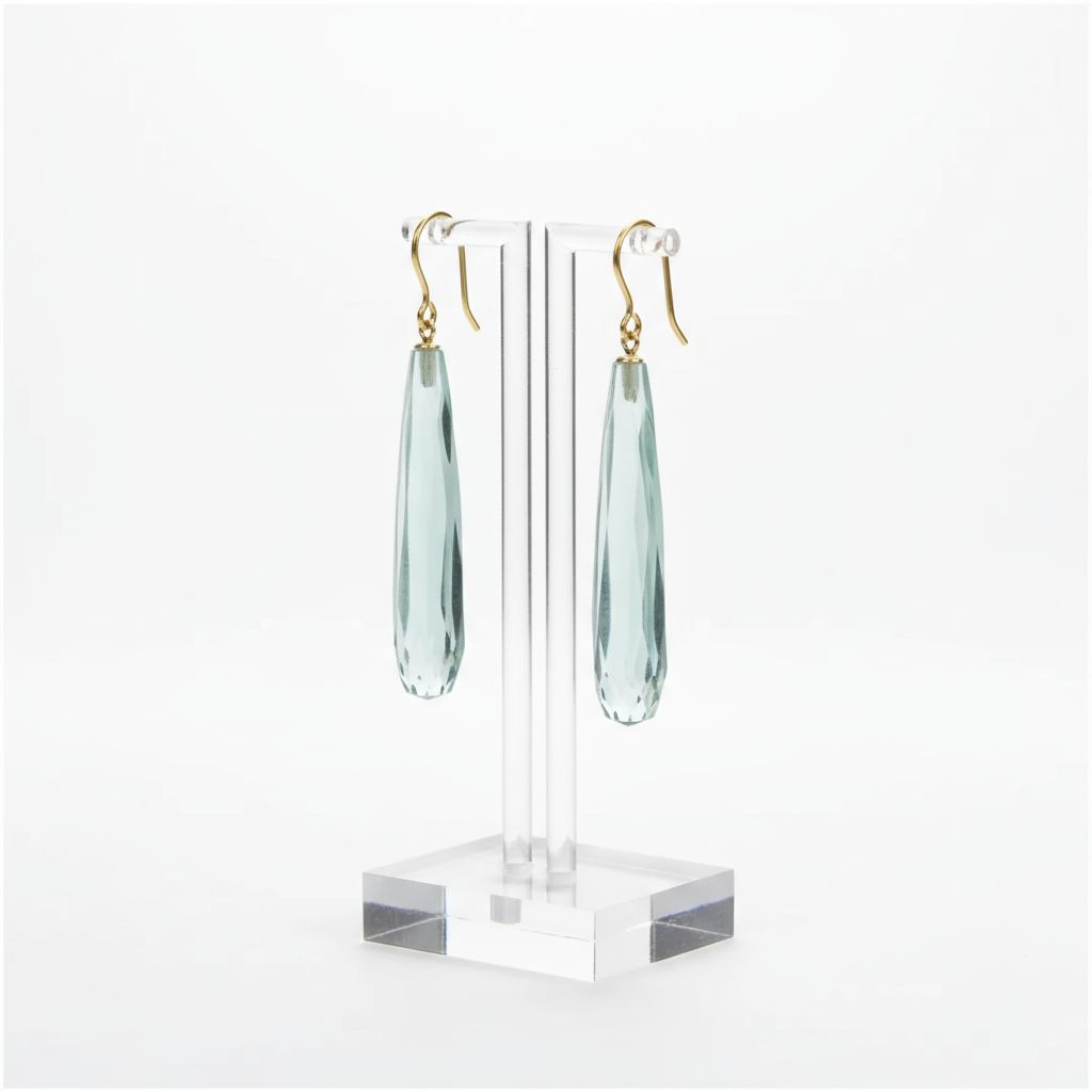 9ct Yellow Gold Long Aqua Crystal Torpedo Drop Earrings