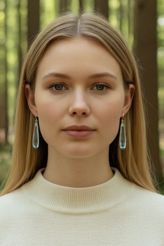 9ct Yellow Gold Long Aqua Crystal Torpedo Drop Earrings