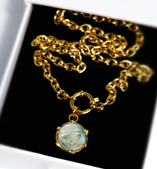 Man On The Moon Pendant Necklace Carved Moonstone